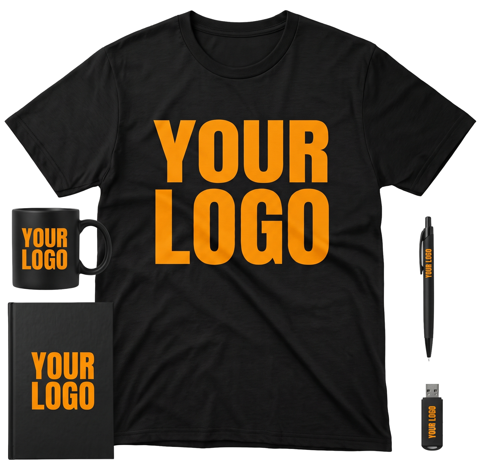 T-shirt, mug, carnet, stylo, clé USB